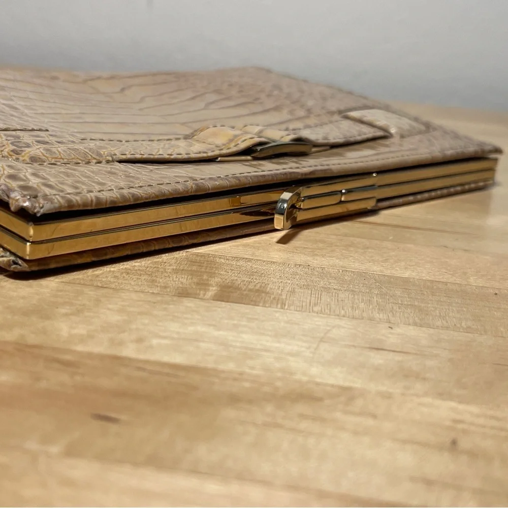 Abas Alligator Embossed Leather Frame Clutch Tan Croc Gold Clasp Evening Bag